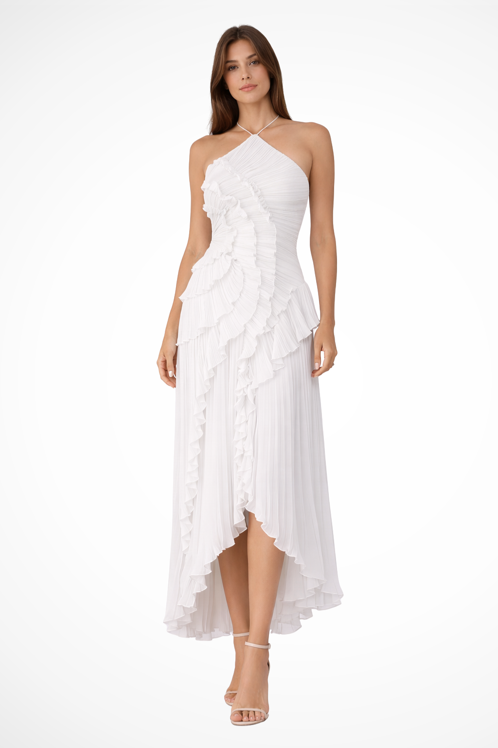 Women's Satin Maxi Dress with Sleeveless Ruffles for Summer Ceremonies