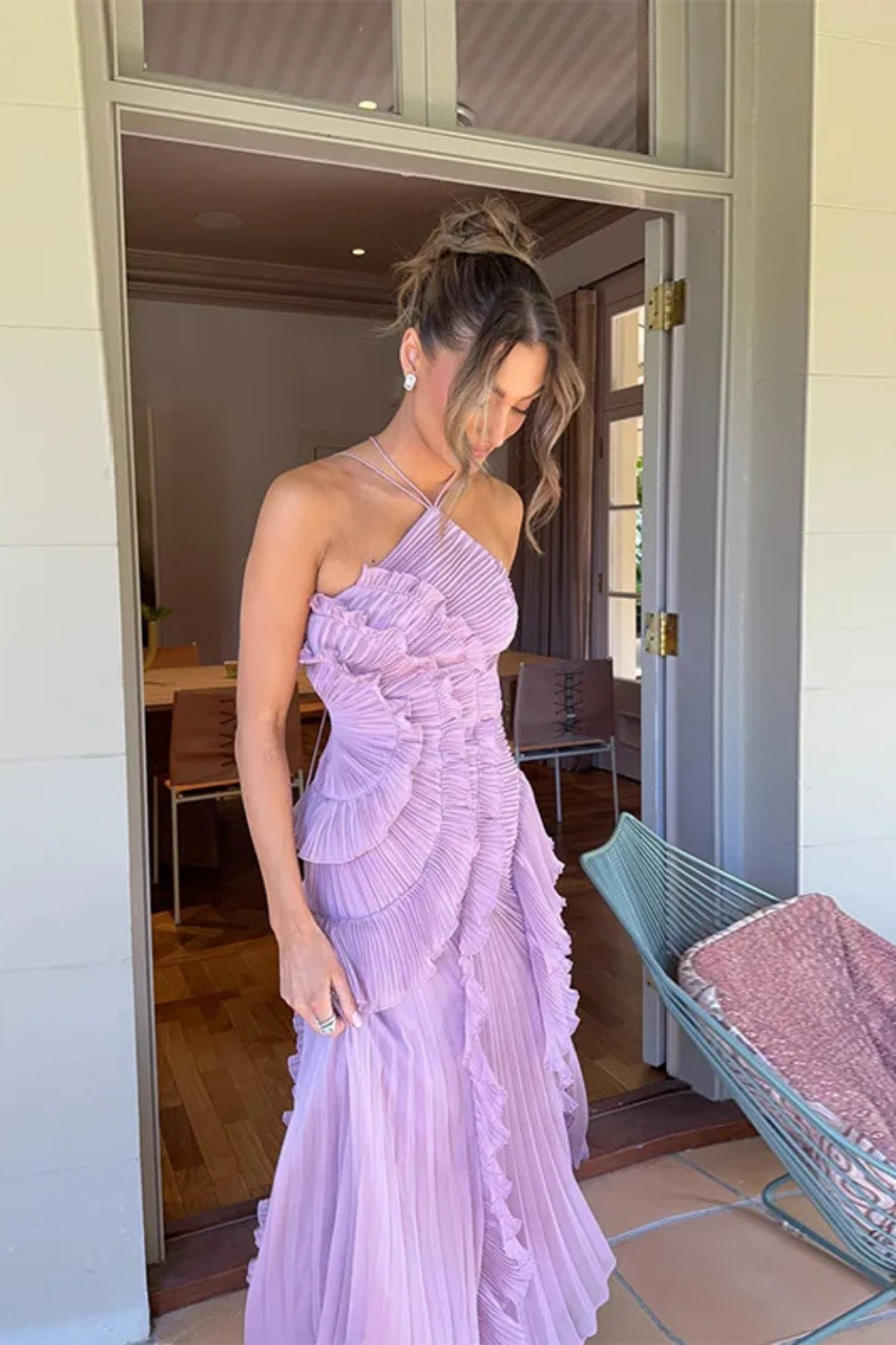 Women's Satin Maxi Dress with Sleeveless Ruffles for Summer Ceremonies
