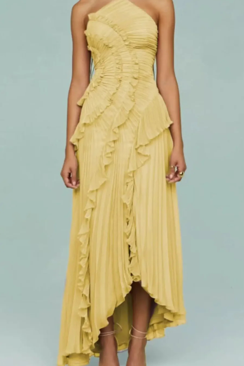 Women's Satin Maxi Dress with Sleeveless Ruffles for Summer Ceremonies