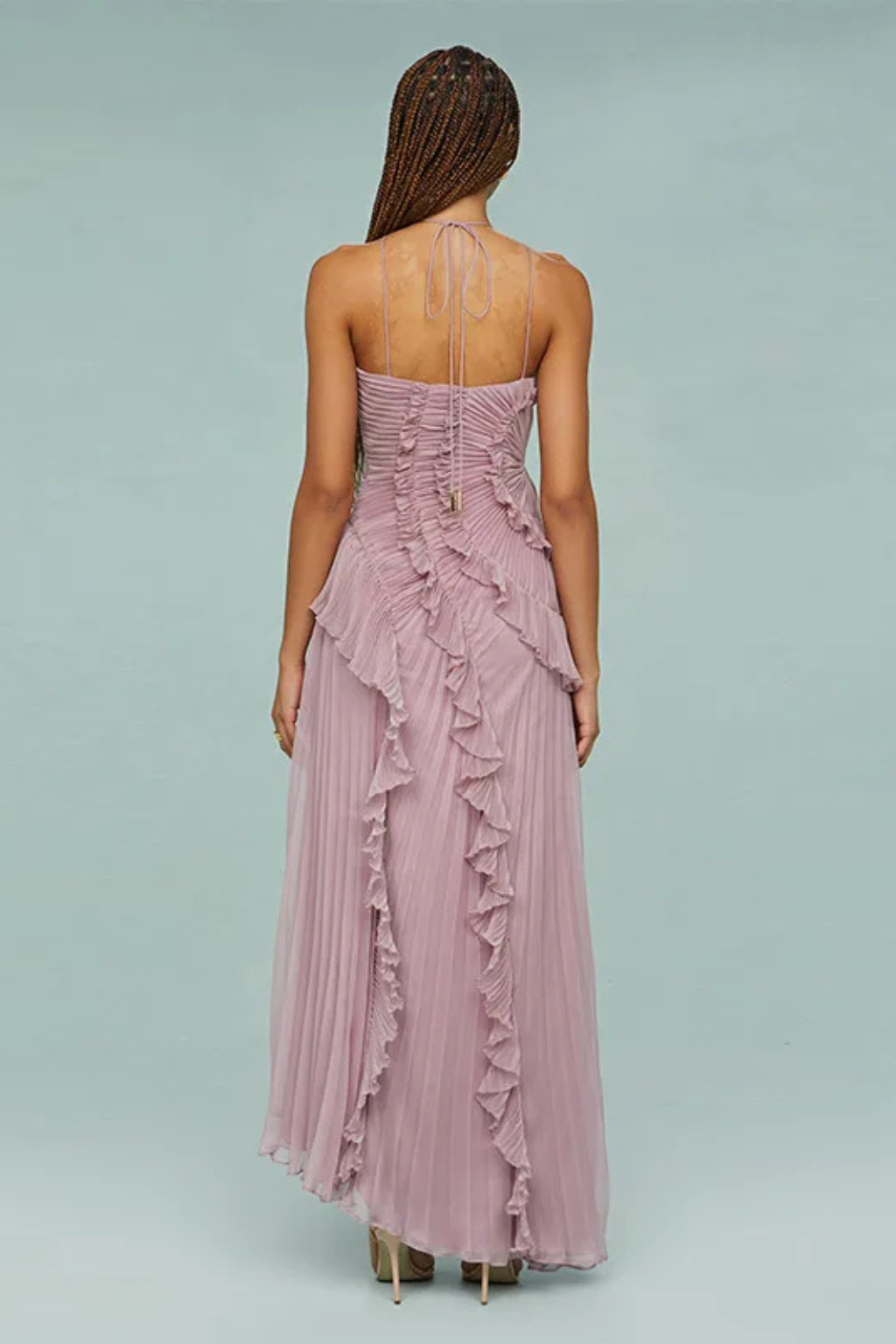 Women's Satin Maxi Dress with Sleeveless Ruffles for Summer Ceremonies
