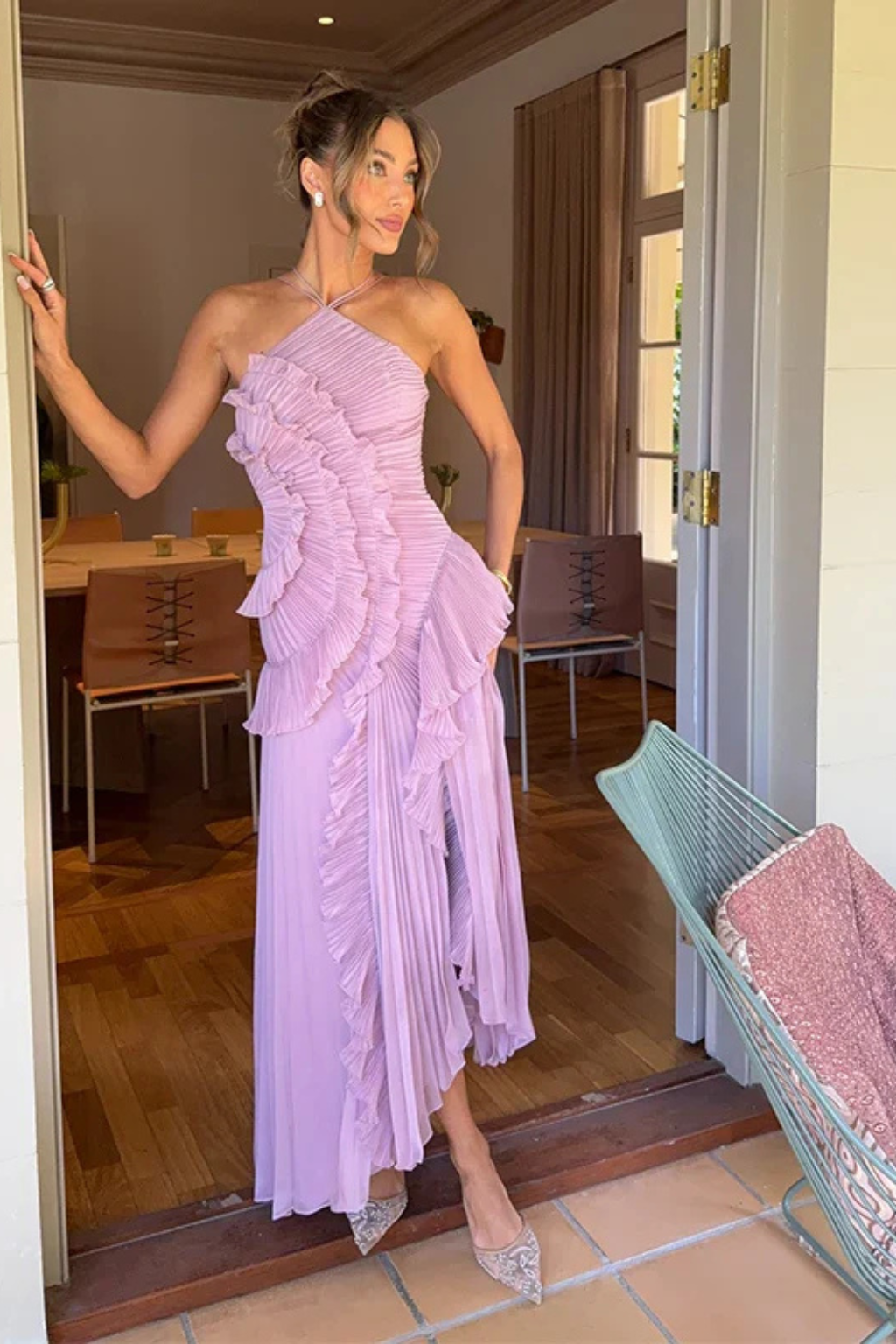 Women's Satin Maxi Dress with Sleeveless Ruffles for Summer Ceremonies