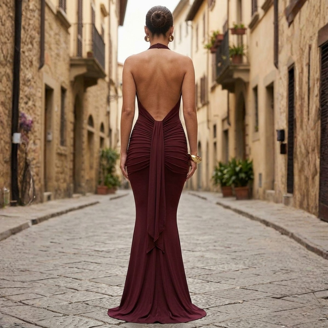 Long Dress for Women Draped Backless Halter Neck