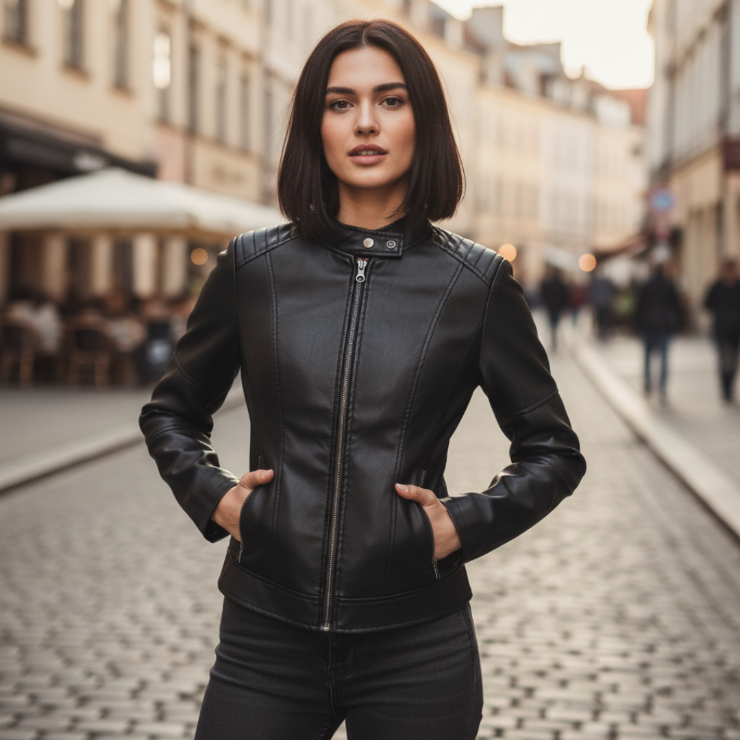 Women's Biker Jacket with Mandarin Collar