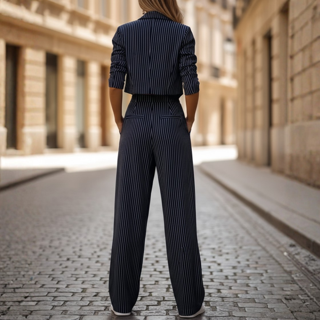 Elegant Women's Black Pinstripe Crop Blazer and Wide Leg Pants Set
