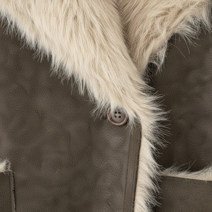 Cappotto marrone da donna in tessuto sintetico con collo in pelliccia ecologica