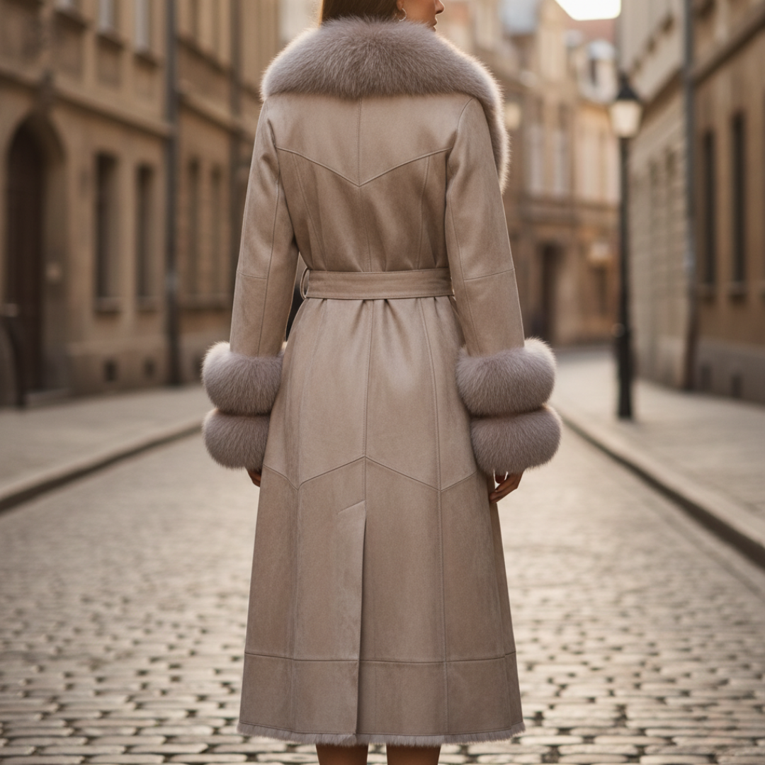 Long Women's Synthetic Leather Coat with Fur Collar