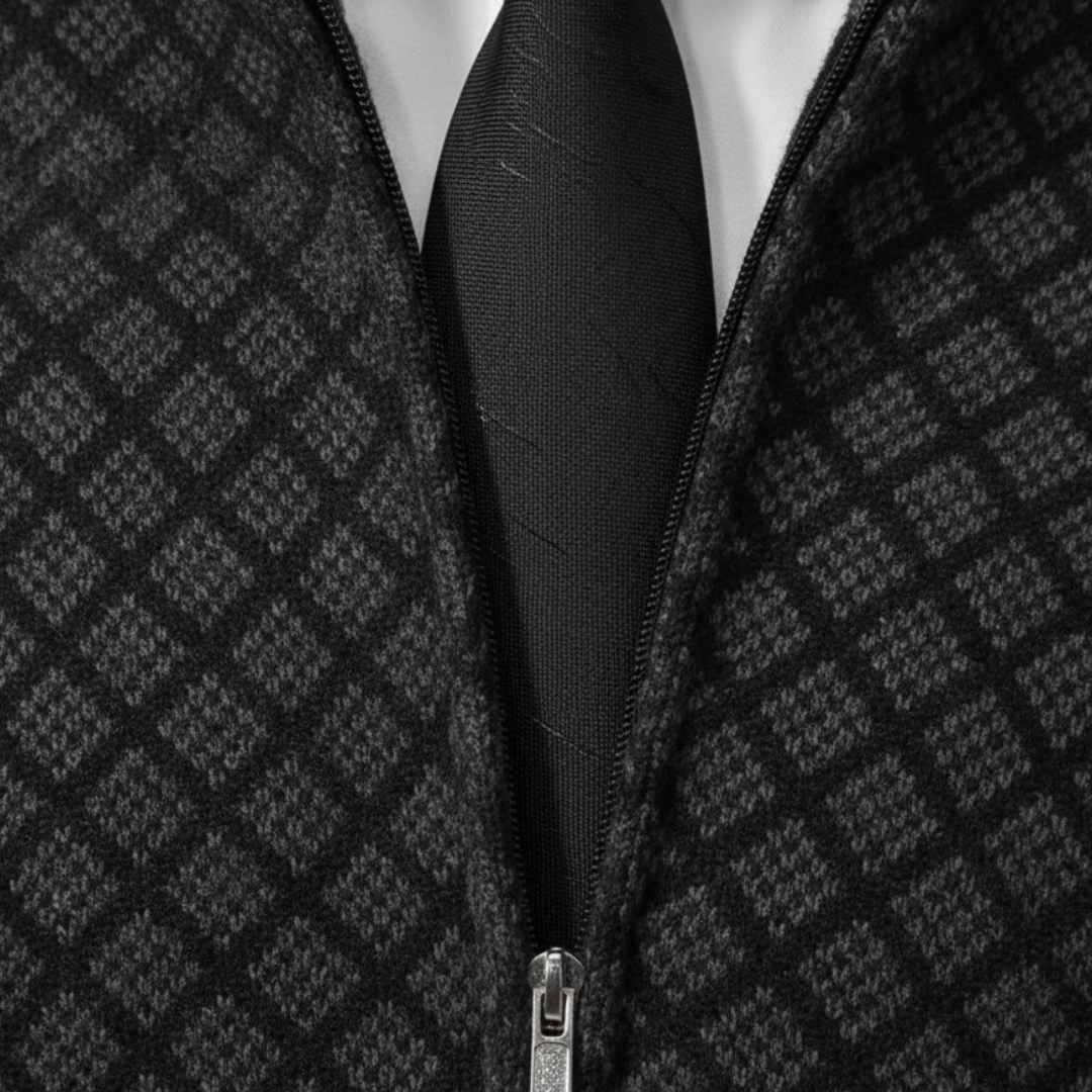 Men's Cardigan with Zip and Pattern in High-Quality Material with High Collar