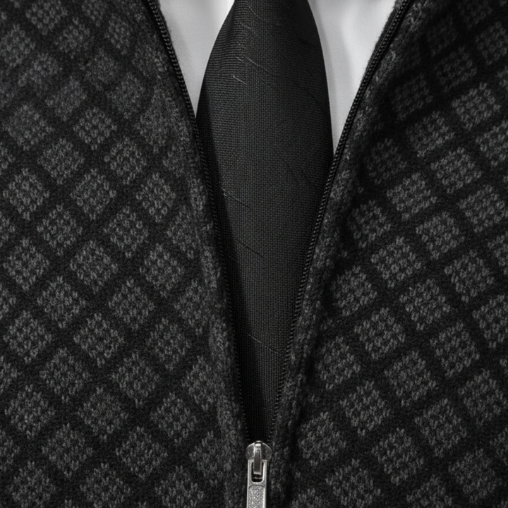 Men's Cardigan with Zip and Pattern in High-Quality Material with High Collar