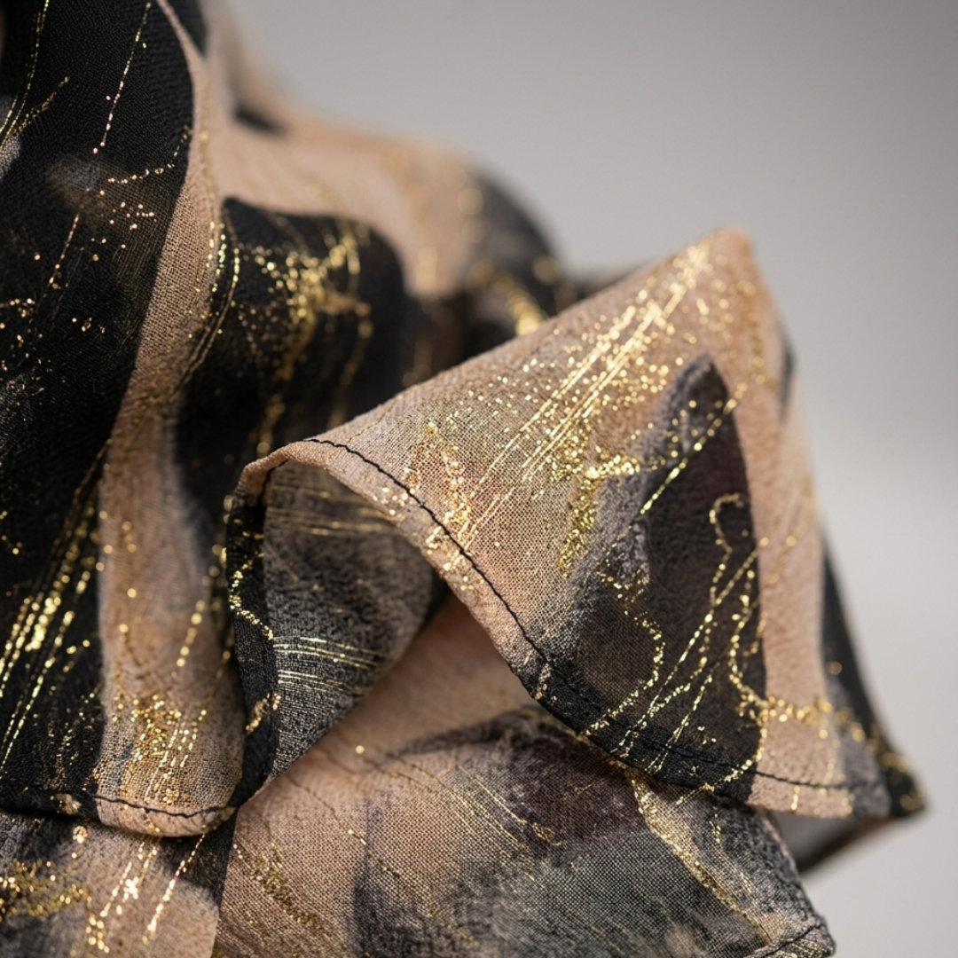 Maxi Dress for Women in Printed Chiffon with Three-Quarter Sleeves A-Line Gold