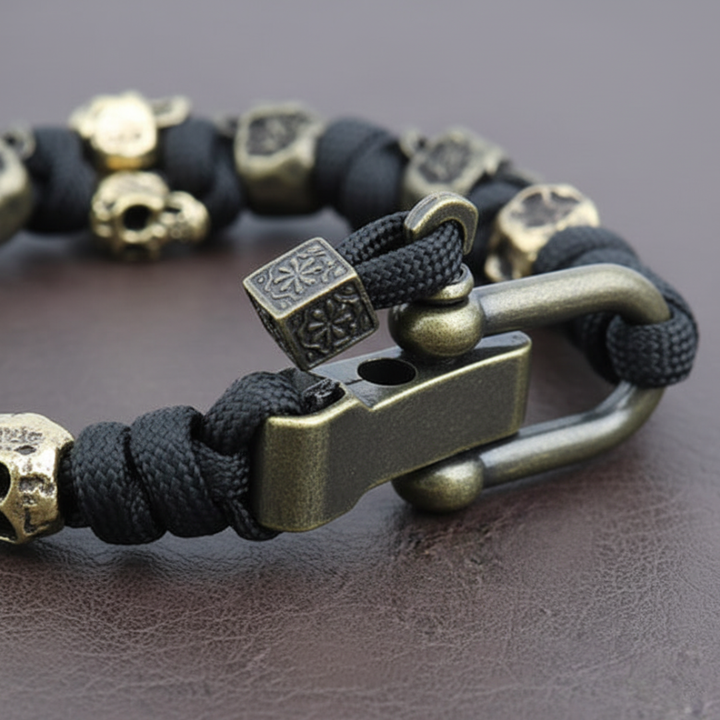 Braccialetto paracord da uomo con teschi in metallo bronzato