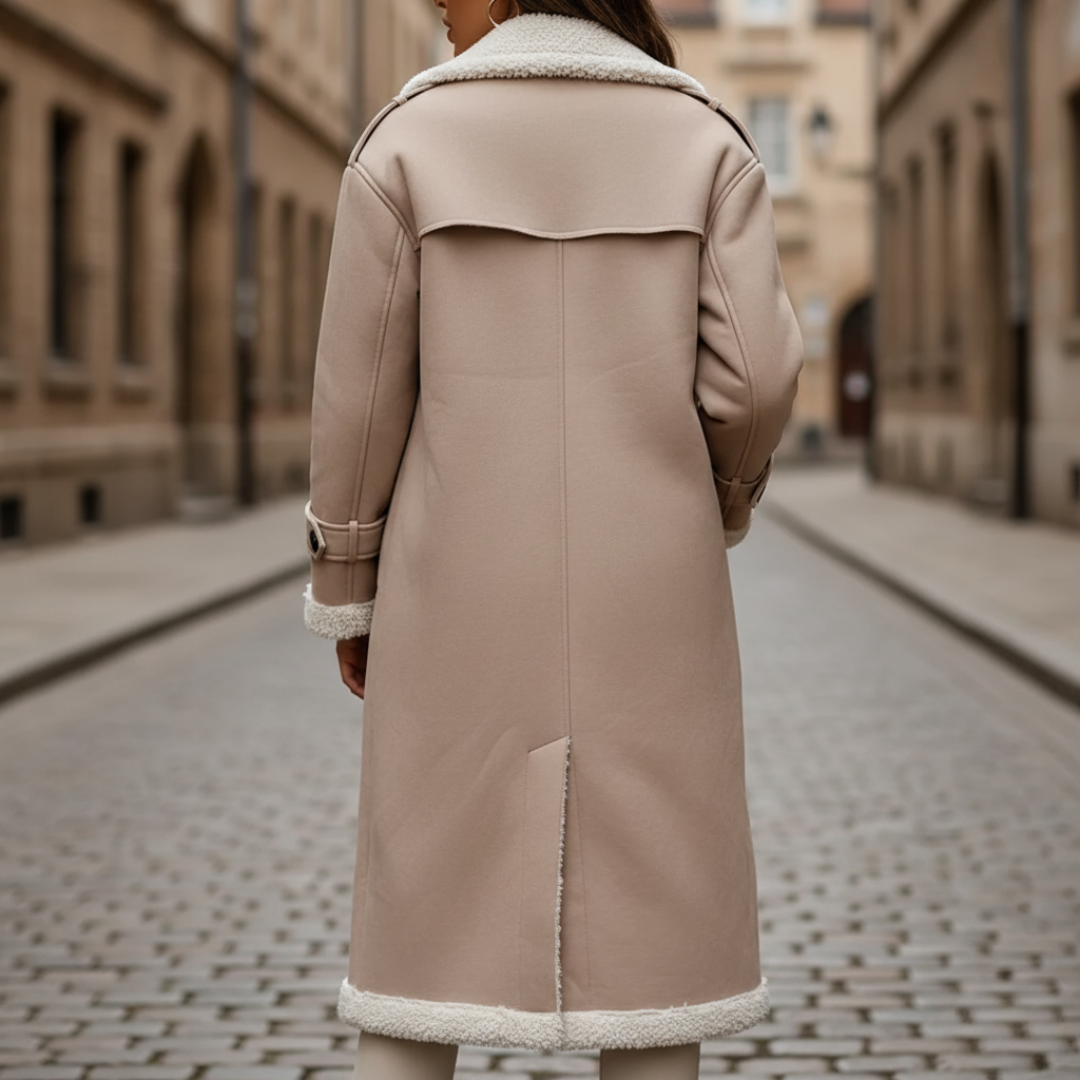 Women's Synthetic Leather Coat with Fur Collar and Buttons