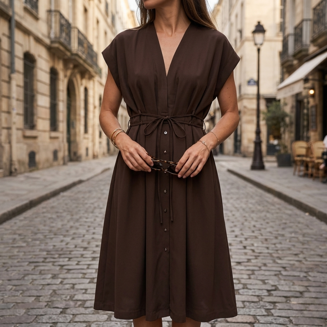 Women's Long Draped Dress with V-Neck and Short Sleeves