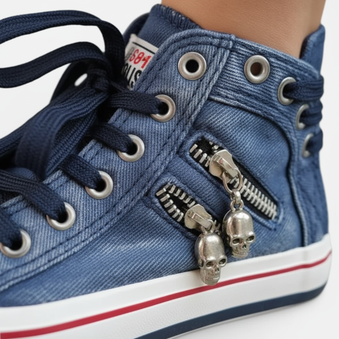 Sneakers alte da donna in denim blu con doppia cerniera e lacci