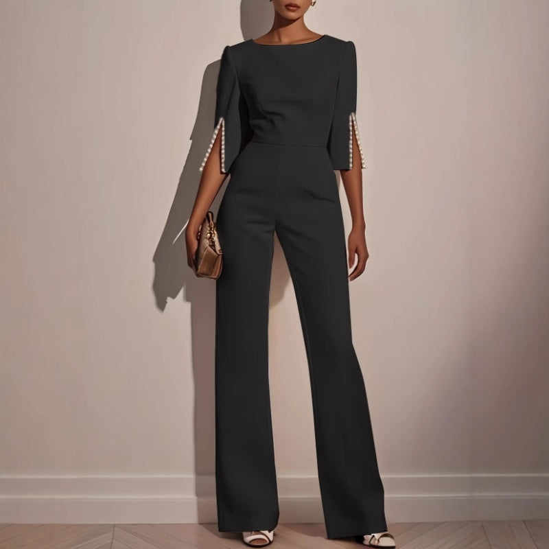 Women's Velvet Jumpsuit Wide Leg Pearl Detail Three Quarter Sleeves