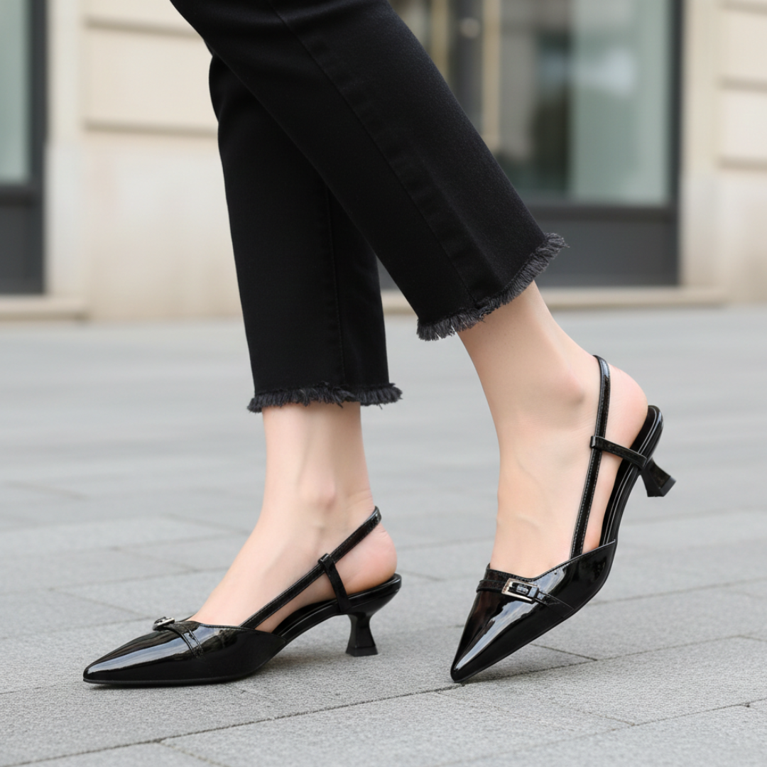 Pointed Toe Slingback Pumps with Block Heel and Buckle for Women