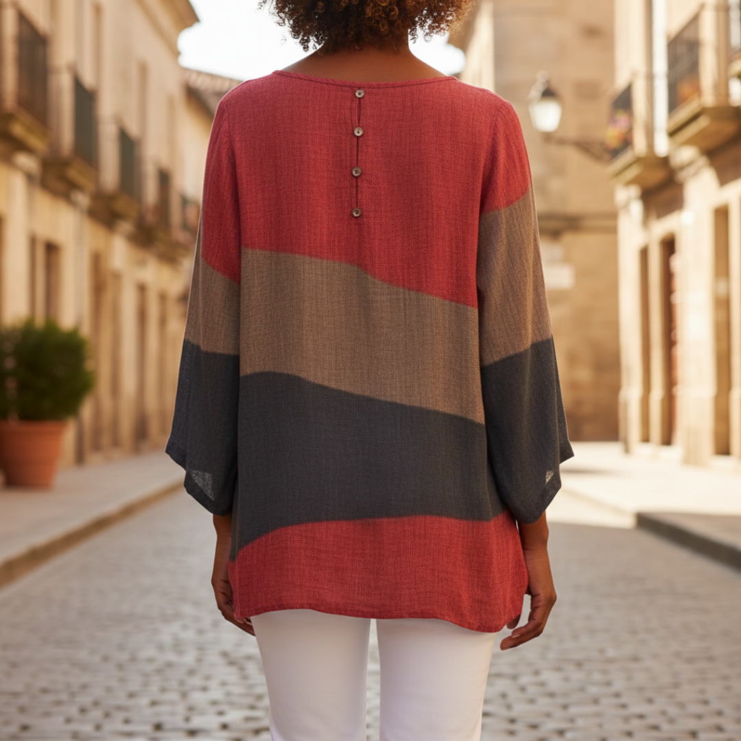 Women's Color Block Tunic with V-Neck and Long Sleeves, Loose Fit