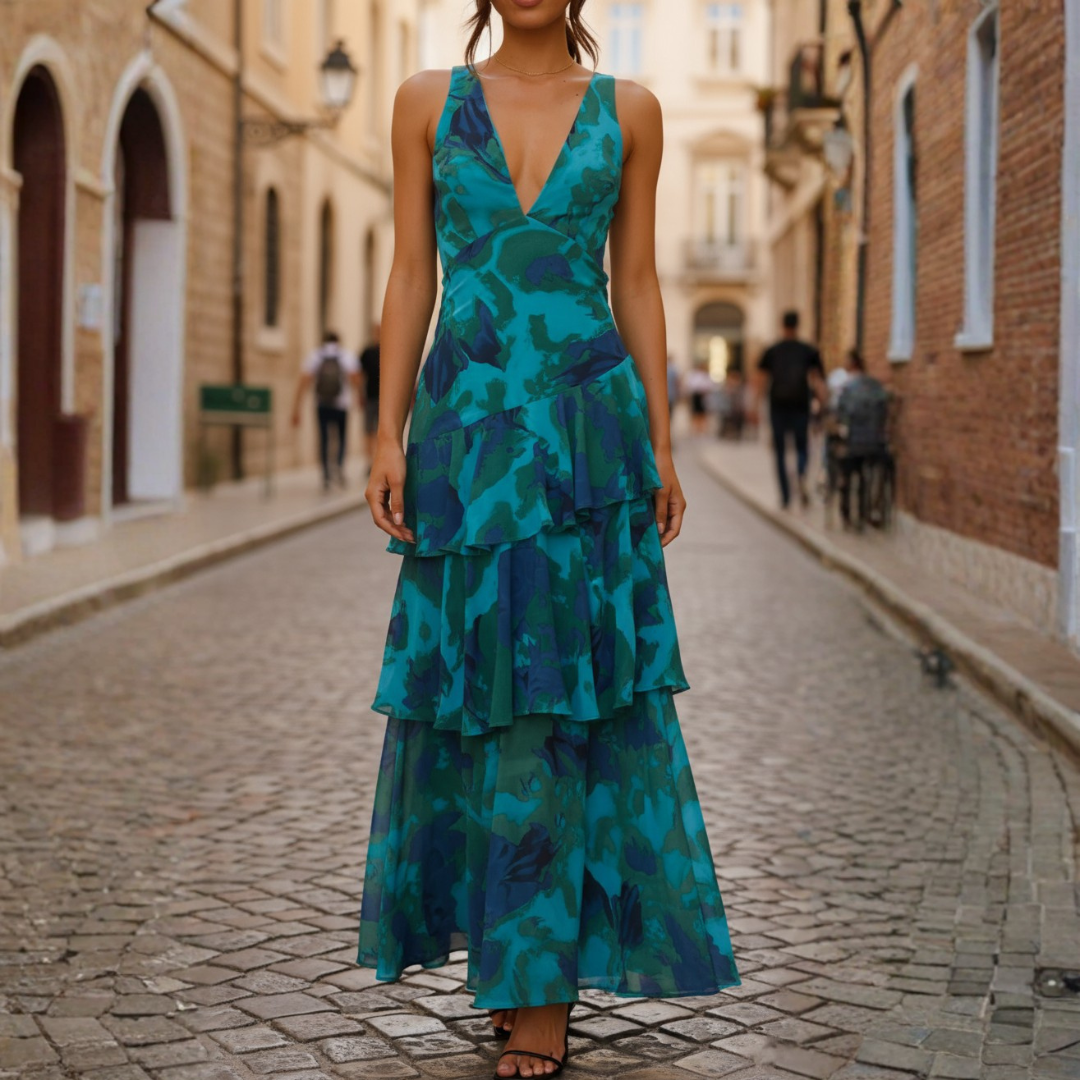 Multicolored Long Dress for Women with Ruffles and V-Neck