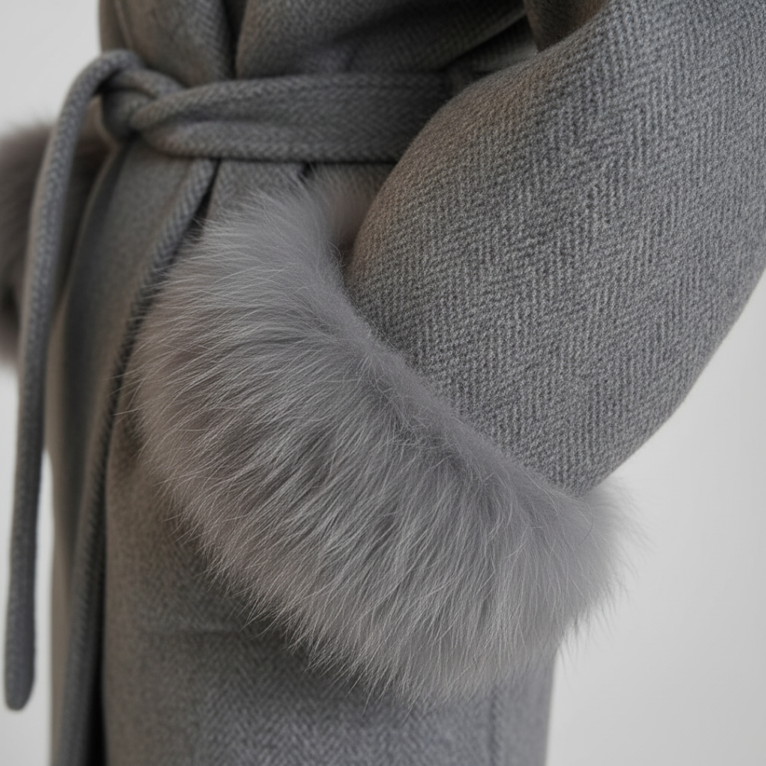 Women's High-Quality Grey Coat with Faux Fur Trim and Cuffs