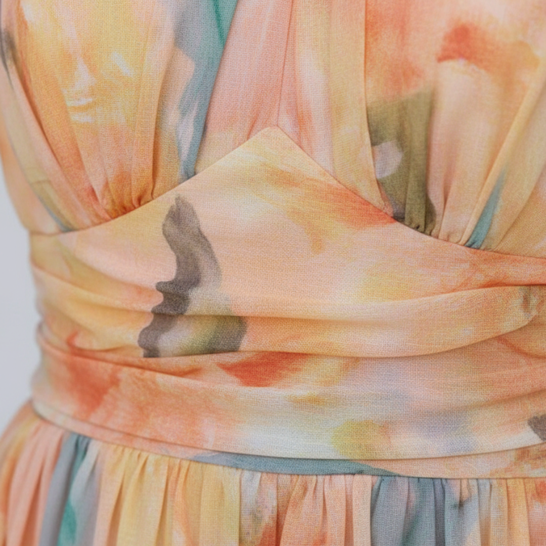 Long Dress for Women with American Neckline, Flared, Watercolor Silk
