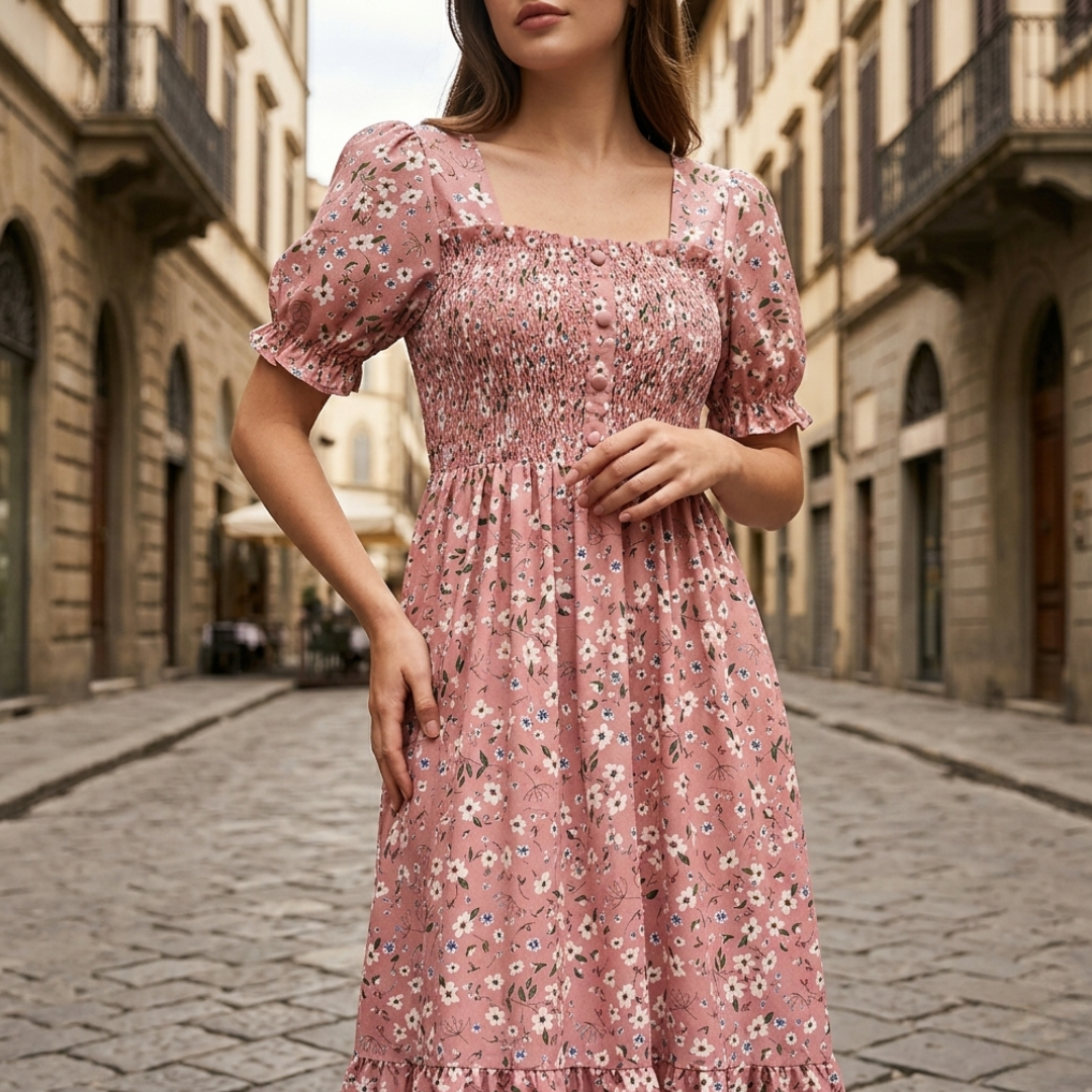Women's Floral Draped Midi Dress with Puff Sleeves
