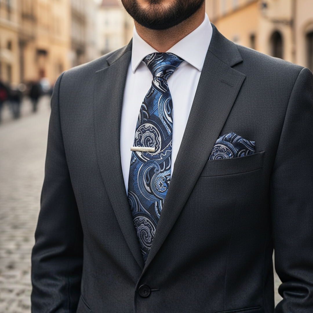 Men's Silk Paisley Red Blue Tie Set