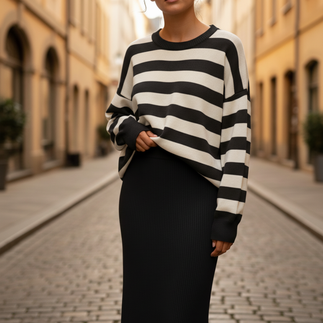 Women's Oversized Striped Sweater with Skirt