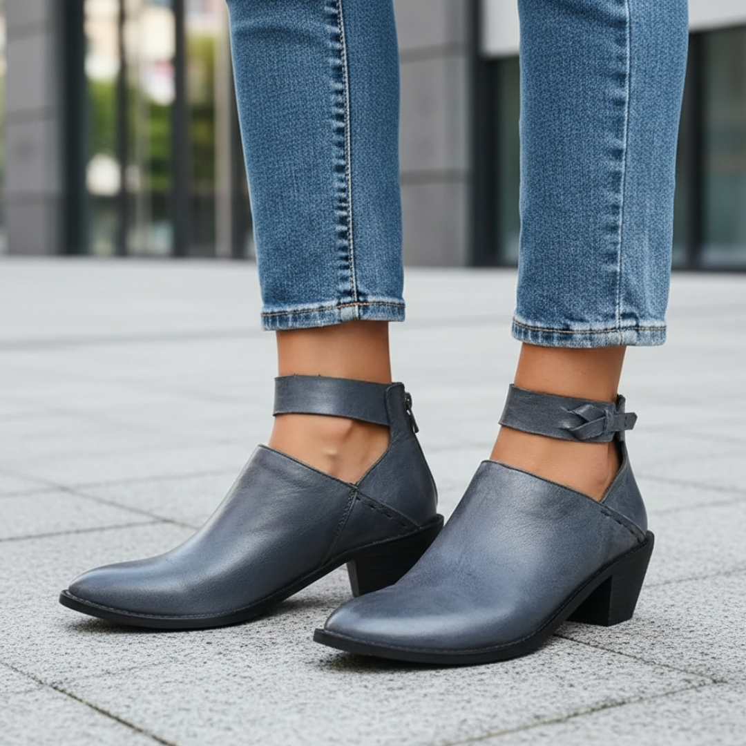 Women's Block Heel Ankle Boots with Ankle Strap and Pointed Toe