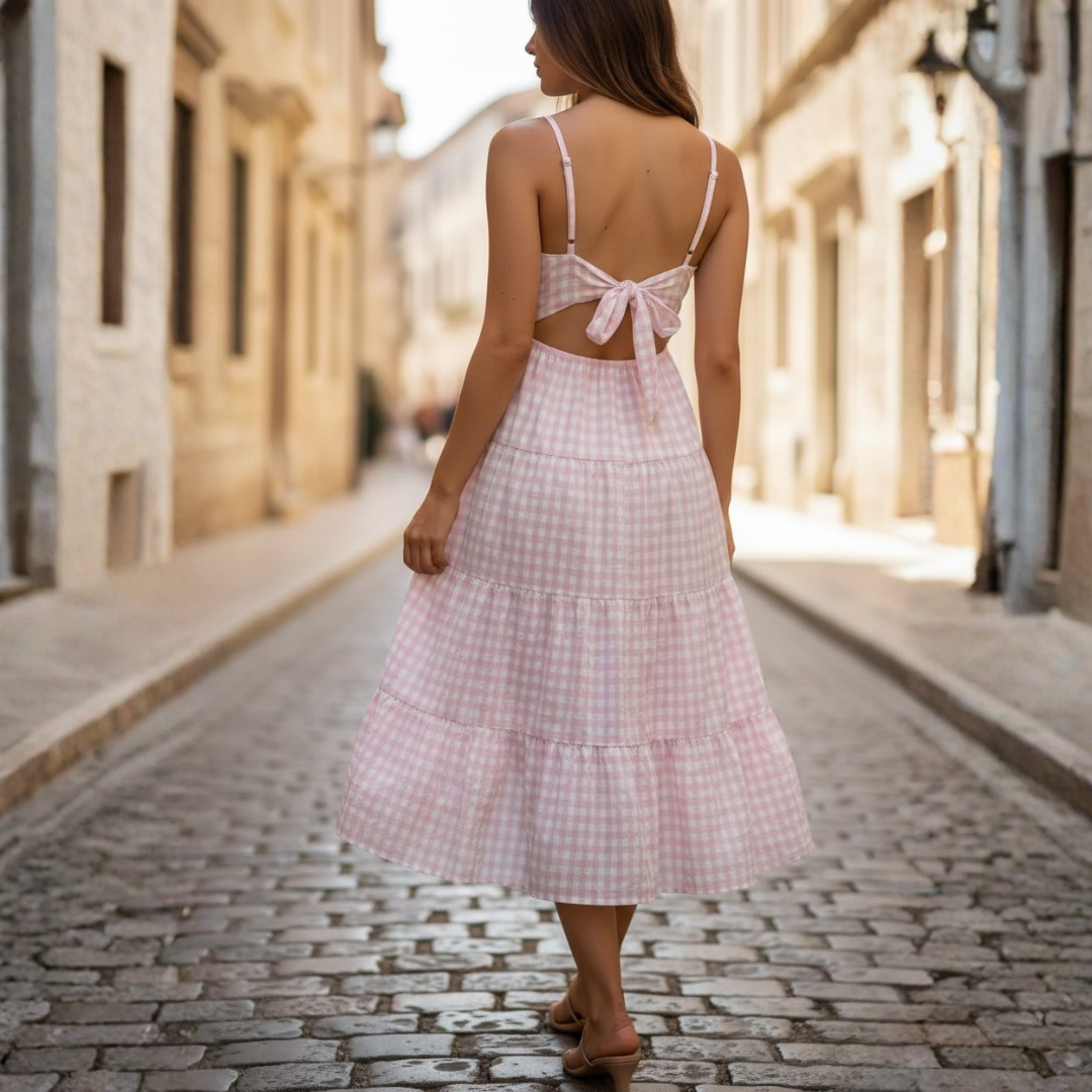 Women's Summer Midi Dress with Ruffled Skirt in Checkered Pattern
