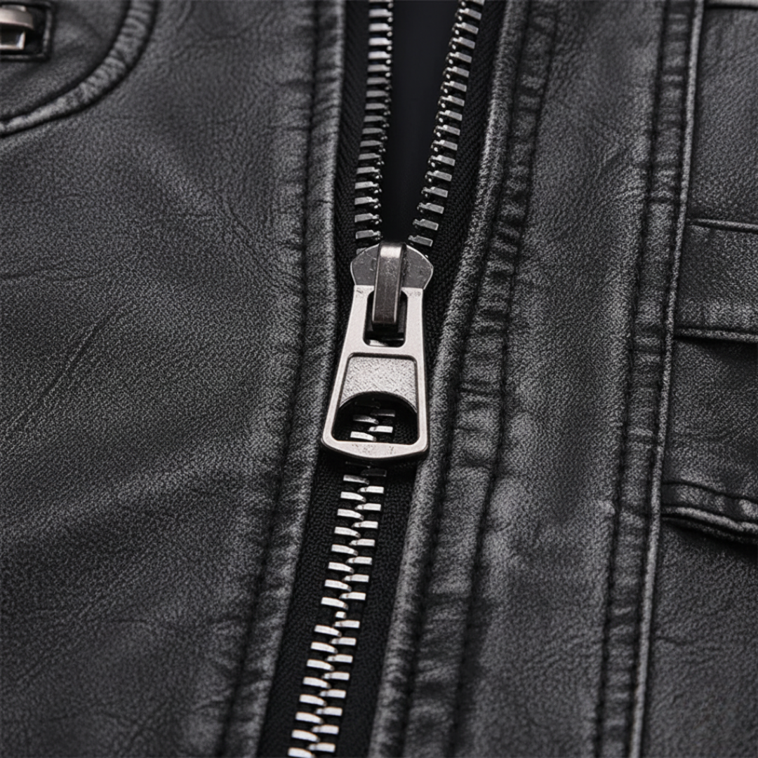 Men's Synthetic Leather Jacket with High Collar and Pockets