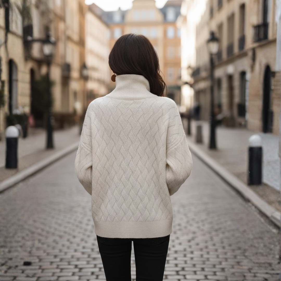 Women's Turtleneck Sweater with Braids in Beige and White