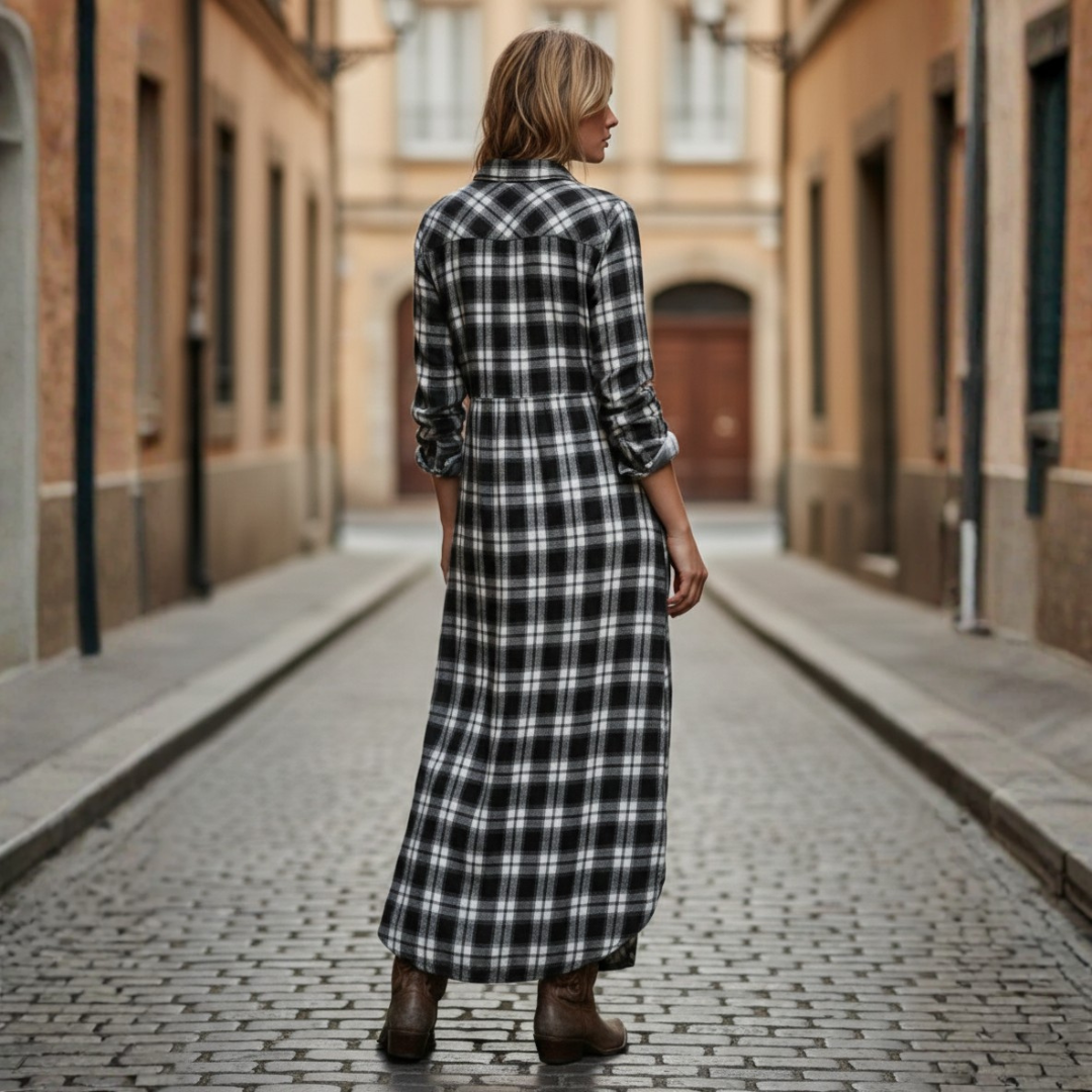 Women's Maxi Plaid Dress with Buttons and Long Sleeves
