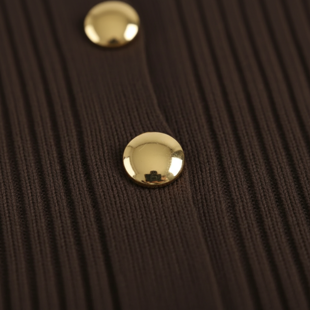 Brown Ribbed Maxi Dress for Women with Collar and Buttons