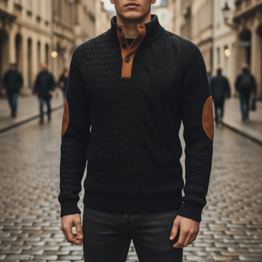 Men's Sweater with High Collar and Suede Details