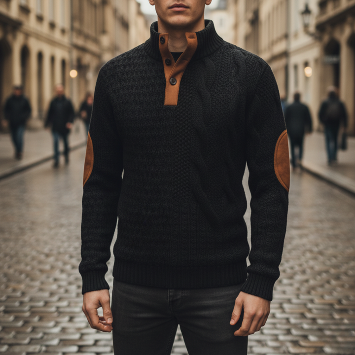 Men's Sweater with High Collar and Suede Details