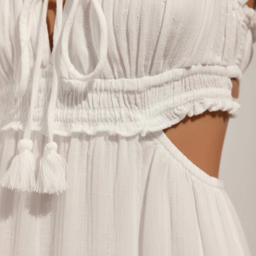 White Cotton Midi Dress for Women with Thin Straps