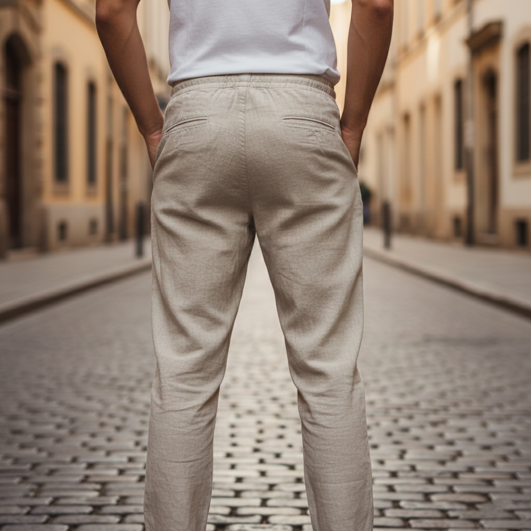 Men's Linen Pants with Drawstring and Elastic Waist Straight Leg