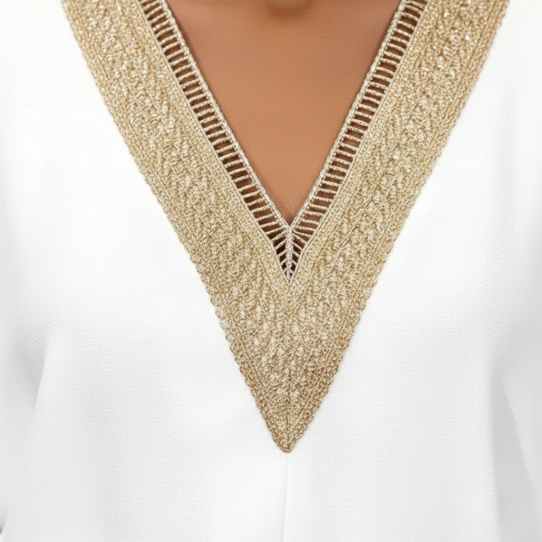 Women's Midi Dress with V-Neck and Golden Detail in White for Summer