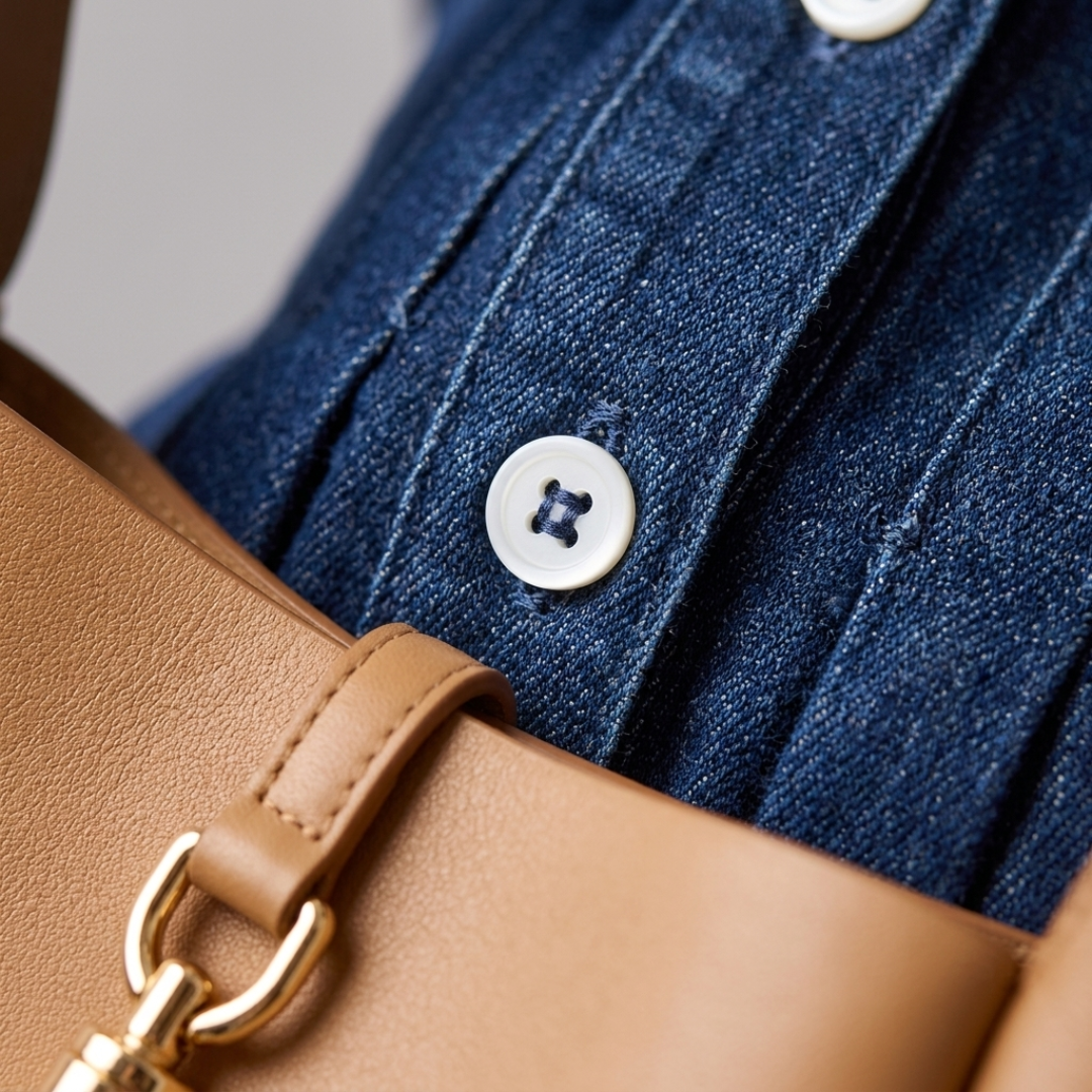Blue Denim Mini Dress for Women with Buttons and Pleats