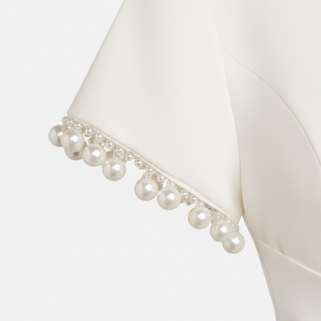 White Midi Dress for Women with Pearls and Knot at the Waist