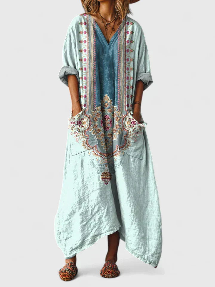 Women's Maxi Dress with Wide Fit, V-Neck, Long Sleeves