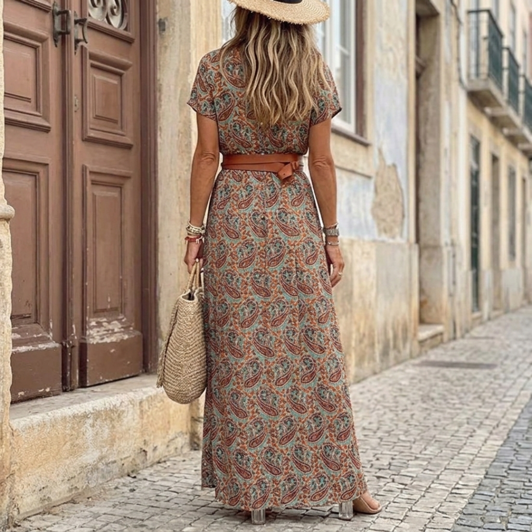 Women's Summer Floral Midi Dress V-Neck Puff Sleeves