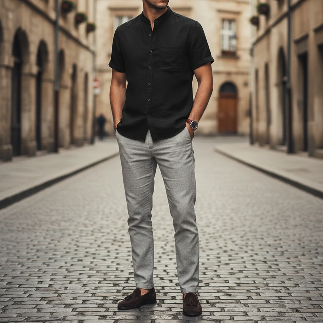 Men's Linen Short Sleeve Slim Fit Korean Collar Shirt