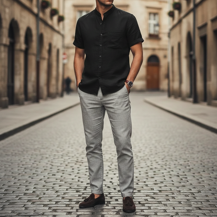 Camicia da uomo in lino a maniche corte slim fit con collo coreano
