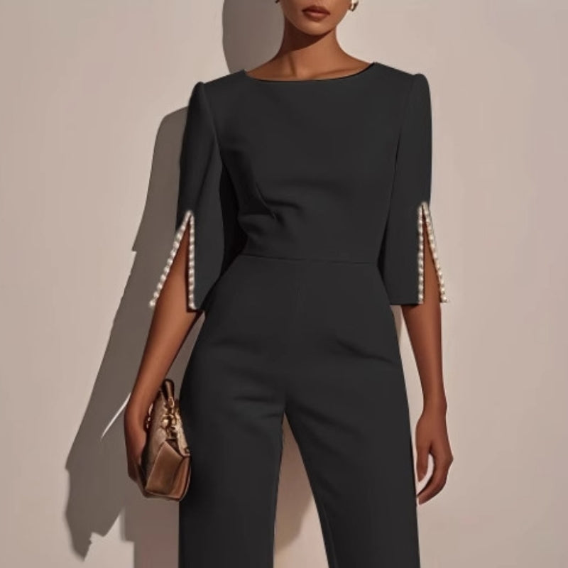 Women's Velvet Jumpsuit Wide Leg Pearl Detail Three Quarter Sleeves