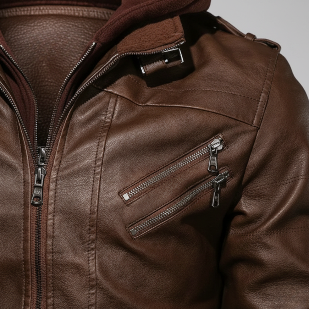 Men's Synthetic Leather Jacket with Hood