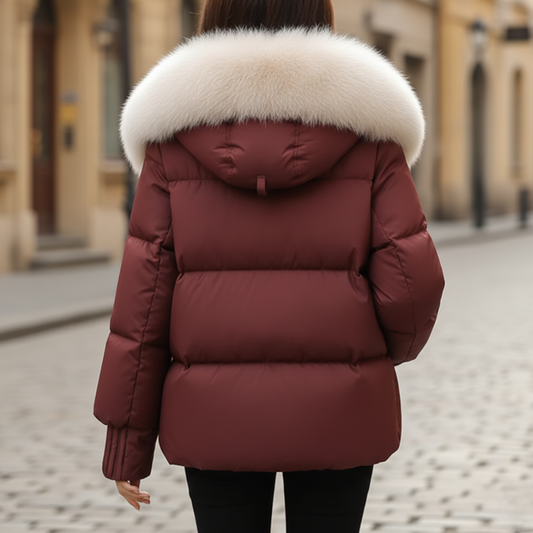 Short Winter Women's Puffer Jacket with Faux Fur Collar