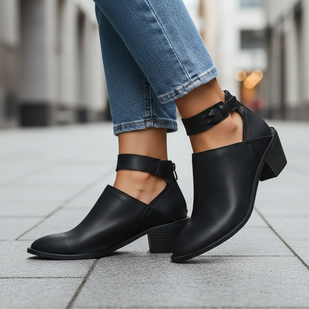 Women's Block Heel Ankle Boots with Ankle Strap and Pointed Toe