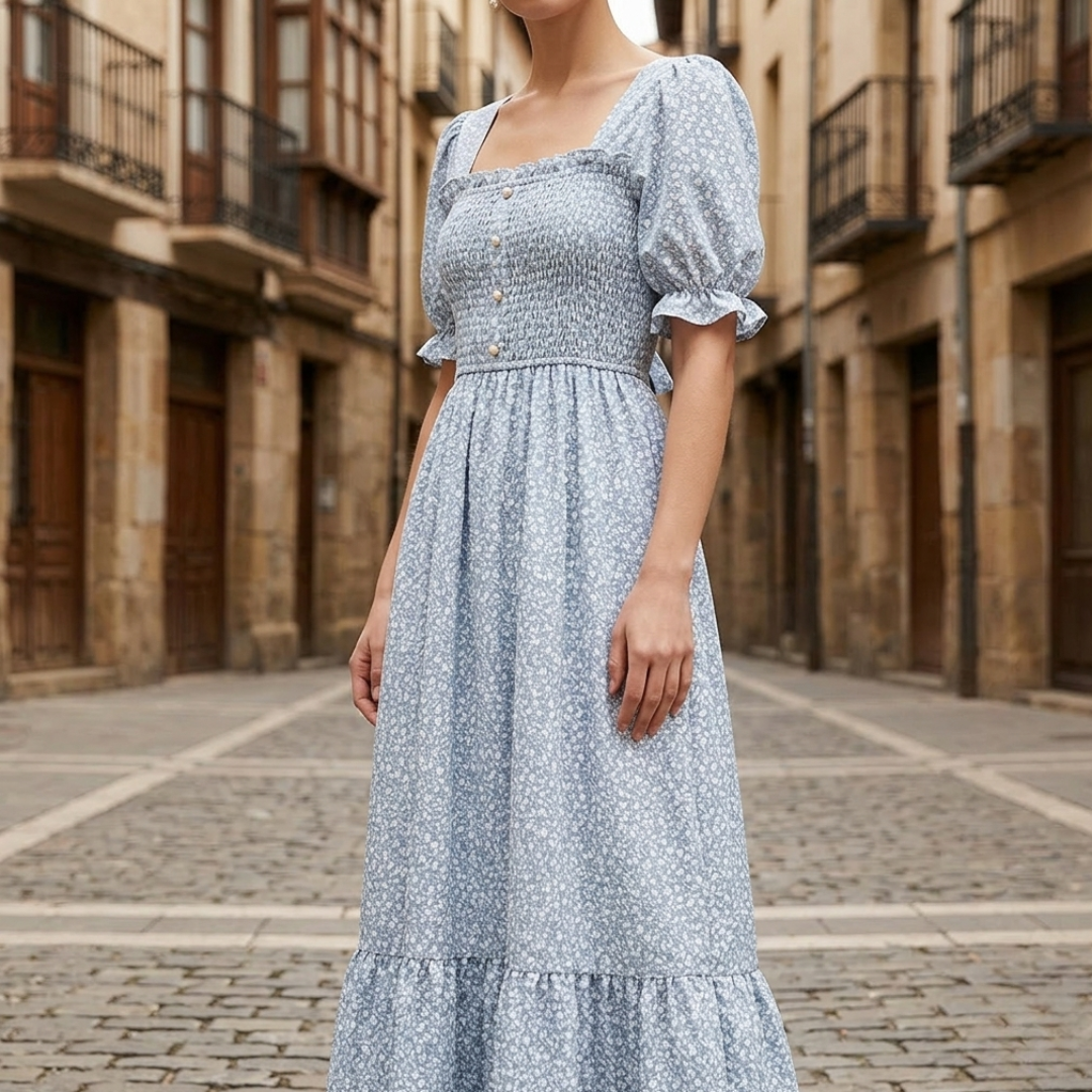Women's Floral Draped Midi Dress with Puff Sleeves