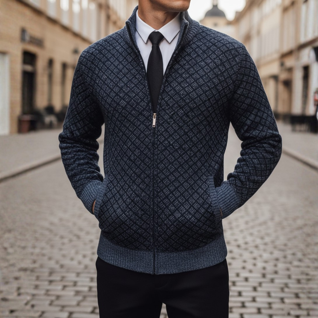 Men's Cardigan with Zip and Pattern in High-Quality Material with High Collar