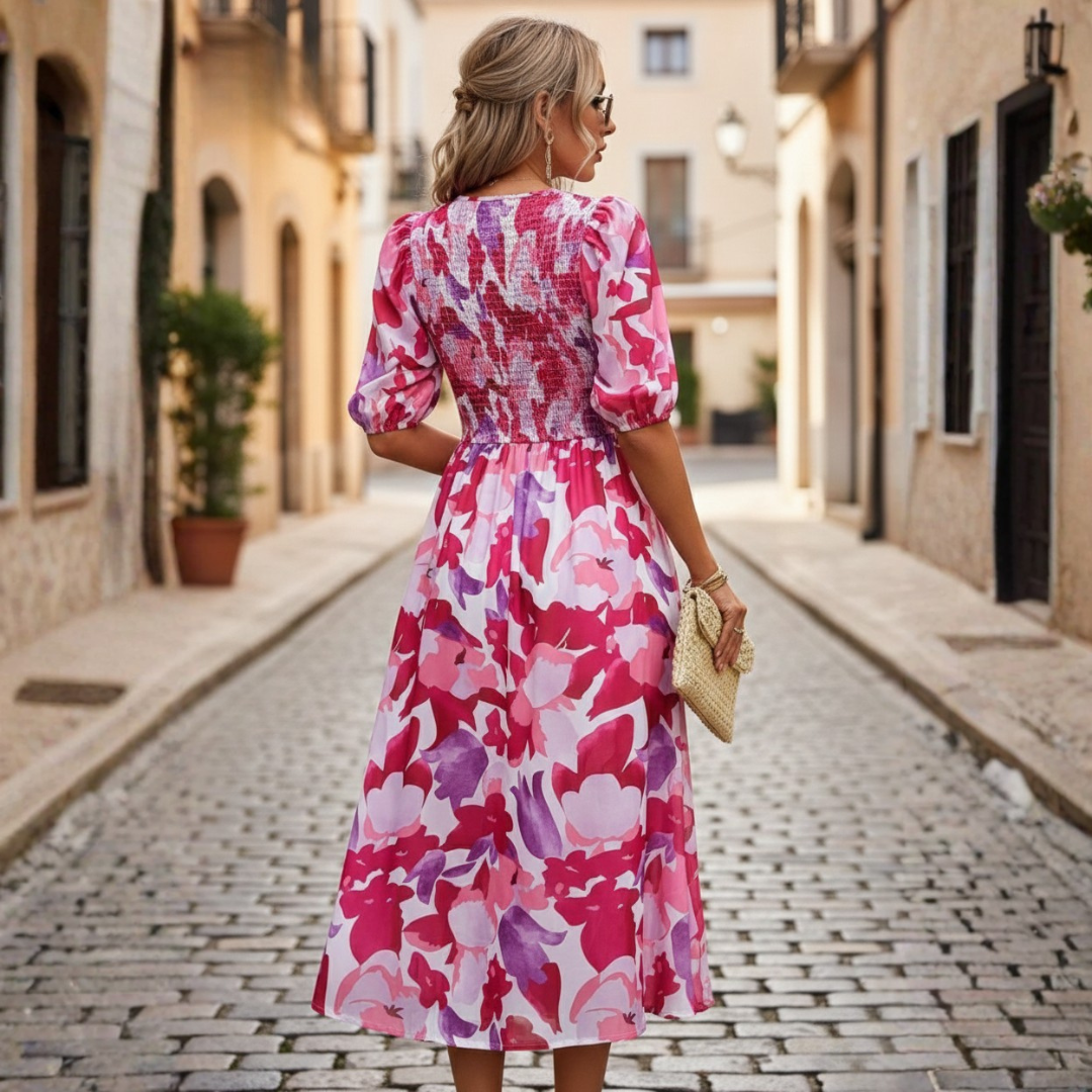 Women's Midi Dress with V-Neck and Geometric Print